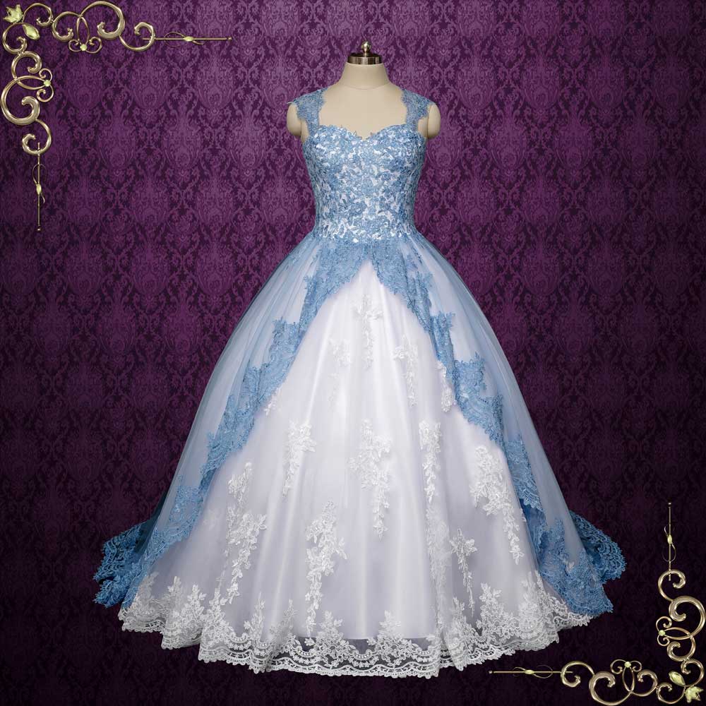 Azura - blue wedding dress / unique bridal gown / 3D floral wedding dress /  bustle wedding dress / poet sleeves gown / bridal separates